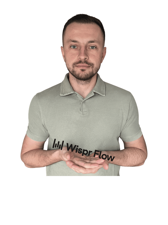 Matt holding Wispr Flow logo